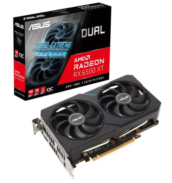 PLACA VIDEO ASUS „Dual Radeon RX 6500 XT OC”, 4 GB GDDR6 64 biti, PCI Express 4.0 x 8, HDMI DisplayPort, sistem racire aer, „DUAL-RX6500XT-O4G”