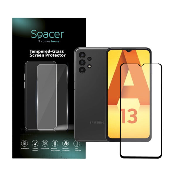 FOLIE STICLA Spacer pentru Samsung Galaxy A13, grosime 0.3mm, acoperire totala ecran, strat special anti-ulei si anti-amprenta, Tempered Glass, sticla 9D, duritate 9H „SPPG-SM-GX-A13-TG”