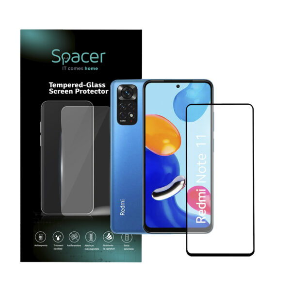 FOLIE STICLA Spacer pentru Xiaomi Redmi Note 11, grosime 0.3mm, acoperire totala ecran, strat special anti-ulei si anti-amprenta, Tempered Glass, sticla 9D, duritate 9H „SPPG-XI-RM-N11-TG”