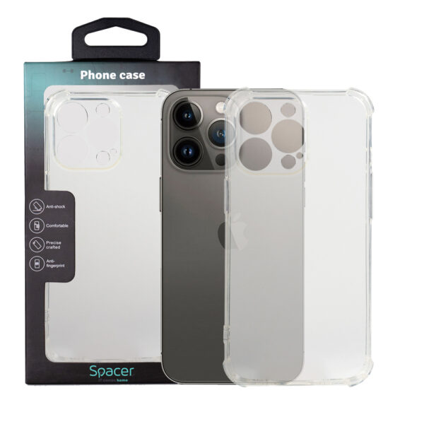 Husa Iphone 13 Pro Spacer, transparenta, 1.5mm grosime, protectie suplimentara antisoc la colturi, material flexibil TPU „SPPC-AP-IP13P-CLR”