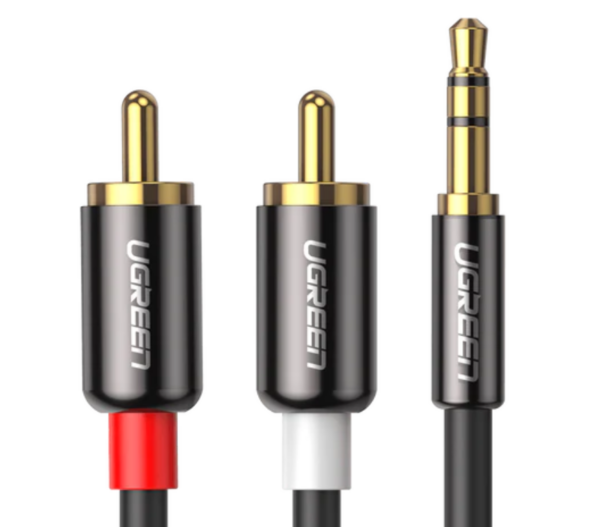 CABLU audio Ugreen, „AV116” stereo 3.5 mm jack (T) la 2 x RCA (T), 3m, conectori auriti, negru „10590” (timbru verde 0.18 lei) – 6957303815906