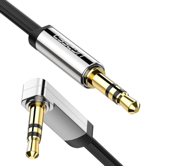 CABLU audio Ugreen, „AV119” stereo 3.5 mm jack (T) la 3.5 mm jack (T), unghi de 90 de grade la un capat, 1.5m, conectori auriti, negru „10598” (timbru verde 0.18 lei) – 6957303815982