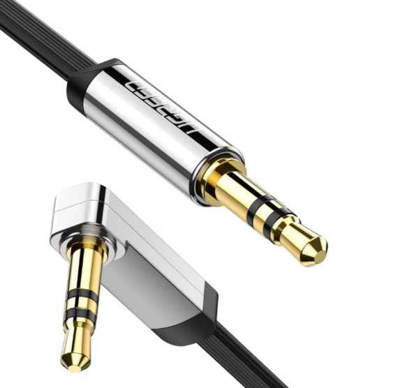 CABLU audio Ugreen, „AV119” stereo 3.5 mm jack (T) la 3.5 mm jack (T) Angled 90xxxx, 0.5m, conectori auriti, negru „10596” (timbru verde 0.18 lei) – 6957303815968