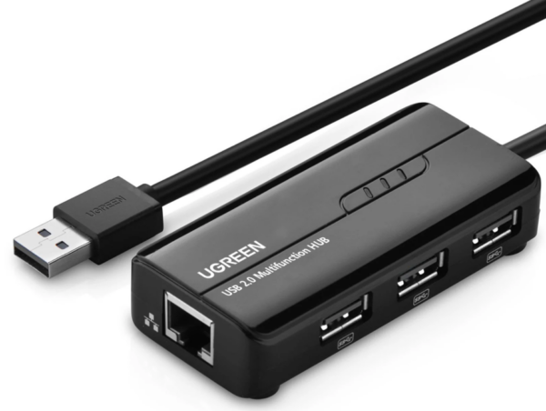 ADAPTOR RETEA Ugreen, „20264” extern, USB 2.0 (T) la port RJ-45 10/100 Mbps, porturi USB: USB 2.0 x 3, LED, negru „20264” (timbru verde 0.18 lei) – 6957303822645