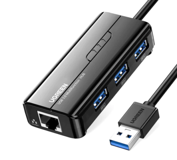 ADAPTOR RETEA Ugreen, „20265” extern, USB 3.0 (T) la port Gigabit RJ-45, porturi USB: USB 3.0 x 3, LED, negru „20265” (timbru verde 0.18 lei) – 6957303822652