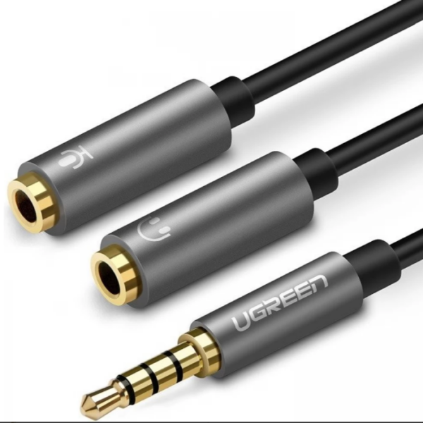 CABLU audio Ugreen, „AV141” stereo 3.5 mm jack (T) la 2 x 3.5 mm jack (M), 0.20 m, conectori auriti, negru „30619” (timbru verde 0.18 lei) – 6957303836192