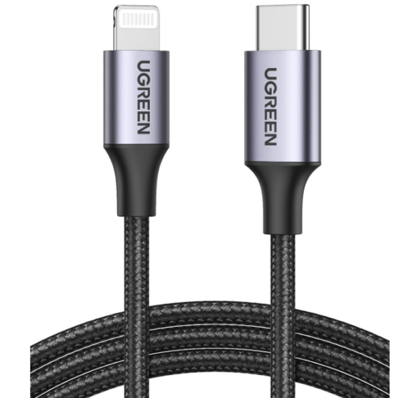 CABLU alimentare si date Ugreen, „US304”, Fast Charging Data Cable pt. smartphone, USB Type-C (T) la Lightning (T) 5V/3A, braided, 2m, negru „60761” (timbru verde 0.08 lei) – 6957303867615