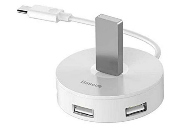 HUB extern Baseus Airjoy, porturi USB: USB 3.0 x 1 + USB 2.0 x 3, conectare prin USB Type-C, rotund, lungime cablu 10 cm, alb, „CAHUB-G02” (timbru verde 0.8 lei) – 6953156284265