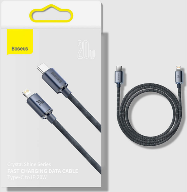CABLU alimentare si date Baseus Crystal Shine, Fast Charging Data Cable pt. smartphone, Type-C la Lightning Iphone 20W, 2m, braided, negru „CAJY000301” (timbru verde 0.18 lei) – 6932172602772