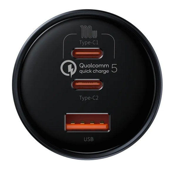 INCARCATOR auto Baseus Qualcomm Quick Charge 5, 1 x USB Output 5V/3A, 2 x USB Type-C max 5V/3A, total output 160W, include cablu USB Type-C la USB Type-C 100W 1m, gri „TZCCZM-0G” (timbru verde 0.18 lei) – 6953156206731