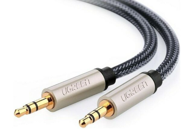 CABLU audio Ugreen, „AV125” stereo 3.5 mm jack (T) la 3.5 mm jack (T), braided, 2m, conectori auriti, gri „10604” (timbru verde 0.18 lei) – 6957303807208