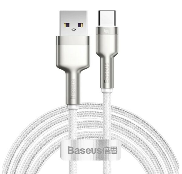 CABLU alimentare si date Baseus Cafule Metal, Fast Charging Data Cable pt. smartphone, USB la USB Type-C 66W, 2m, alb „CAKF000202” (timbru verde 0.18 lei) – 6953156209787