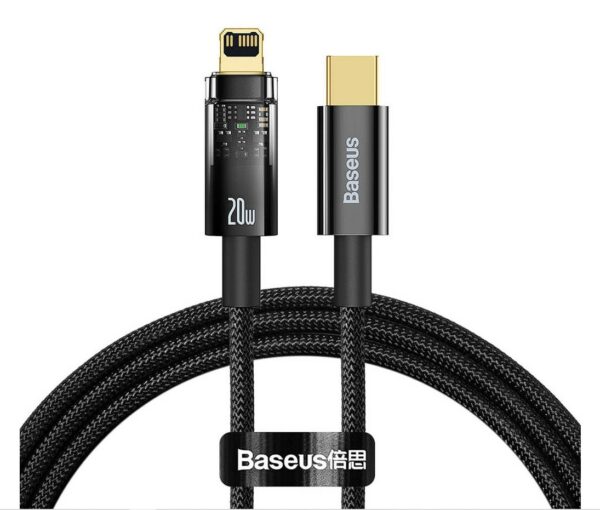 CABLU alimentare si date Baseus Explorer, Fast Charging Data Cable pt. smartphone, USB Type-C la Lightning Iphone 20W, 2m, Auto Power-Off, negru transparent „CATS000101” (timbru verde 0.18 lei) – 6932172605681