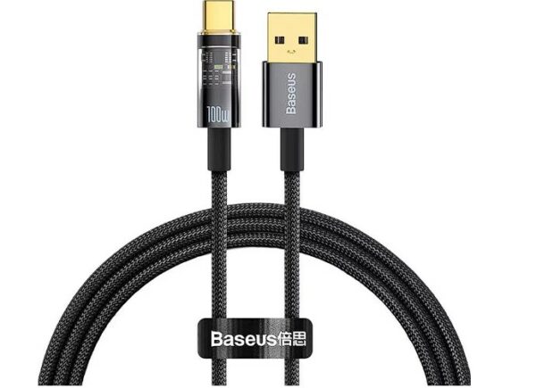 CABLU alimentare si date Baseus Explorer, Fast Charging Data Cable pt. smartphone, USB la USB Type-C 100W, 2m, Auto Power-Off, negru transparent „CATS000301” (timbru verde 0.18 lei) – 6932172605728