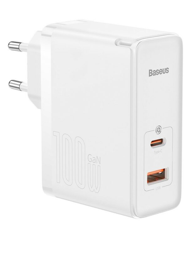 INCARCATOR retea Baseus GaN5 Pro, Quick Charge 100W, 1 x USB, 1 x USB Type-C, include cablu USB Type-C la USB Type-C 100W 1m, alb „CCGP090202” (timbru verde 0.18 lei) – 6932172608965