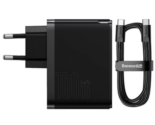 INCARCATOR retea Baseus GaN5 Pro, Quick Charge 100W, 1 x USB, 1 x USB Type-C, include cablu USB Type-C la USB Type-C 100W 1m, negru „CCGP090201” (timbru verde 0.18 lei) – 6932172608958