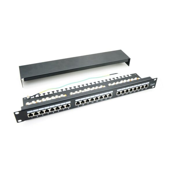 Patch panel 24 porturi, 1U, FTP Cat.6, Krone+110, suport de cabluri integrat – EMTEX, „PBPP17”