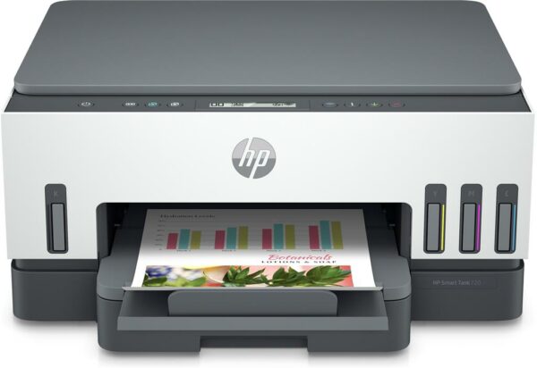 Multifunctional Inkjet Color HP Smart Tank 720 All-in-One, A4, Functii: Impr.|Scan.|Cop., Viteza de Printare Monocrom: 15 ppm, Viteza de printare color: 9 ppm, Conectivitate:USB|WiFi|BTH, Duplex:Da, ADF:Nu(timbru verde 11 lei) „6UU46A”