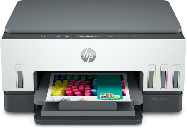 Multifunctional Inkjet Color HP Smart Tank 670 All-in-One, A4, Functii: Impr.|Scan.|Cop., Viteza de Printare Monocrom: 12 ppm, Viteza de printare color: 7 ppm, Conectivitate:USB|WiFi|BTH, Duplex:Da, ADF:Nu(timbru verde 11 lei) „6UU48A”