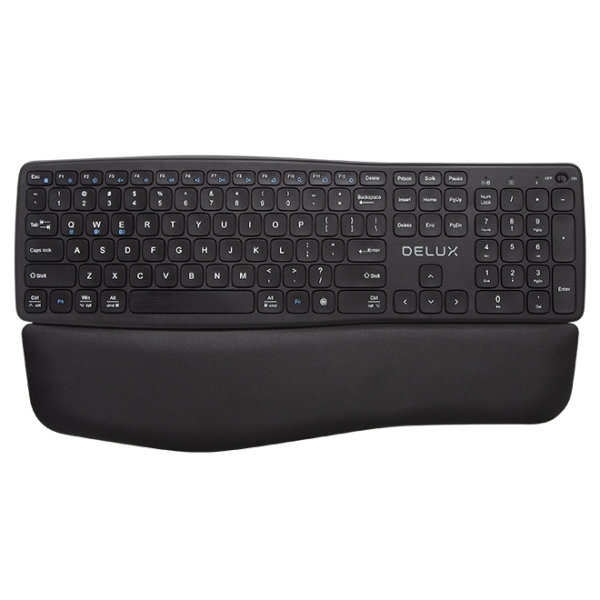 TASTATURA DELUX, wireless, 2.4GHz + BT 2 canale, 106 taste, ergonomica, multimedia, palmrest, ac. 210mAh Li-polimer, USB-C, negru, „GM908CV-BK” (timbru verde 0.8 lei)