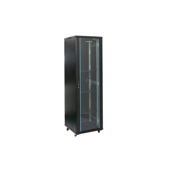 Rack 18U 600×1000, montare pe podea, usa din sticla, panouri laterale detasabile si securizate, dezasamblat, culoare negru RAL 9004, DATEUP „MS2.6018.9001”