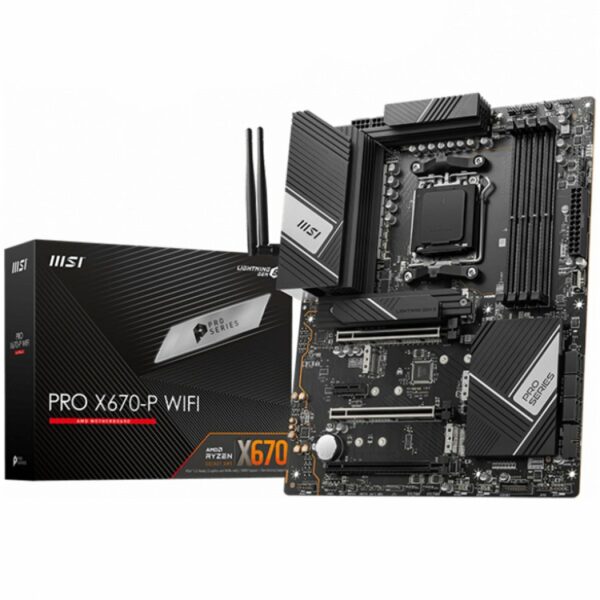 MSI PRO x670-P WIFI, ATX, Socket AM5, Dual Channel DDR5, 3x PCI-E x16, 4x M.2 slot, 1x HDMI, 1x DP, 4x USB 3.2 Gen 1, 3x USB 3.2 Gen 2, 1x USB 3.2 Gen 2×2, Type-C, 7.1 HD Audio, 2.5G LAN, Wi-Fi 6E, BT, 3Y, „PRO_X670-P_WIFI”