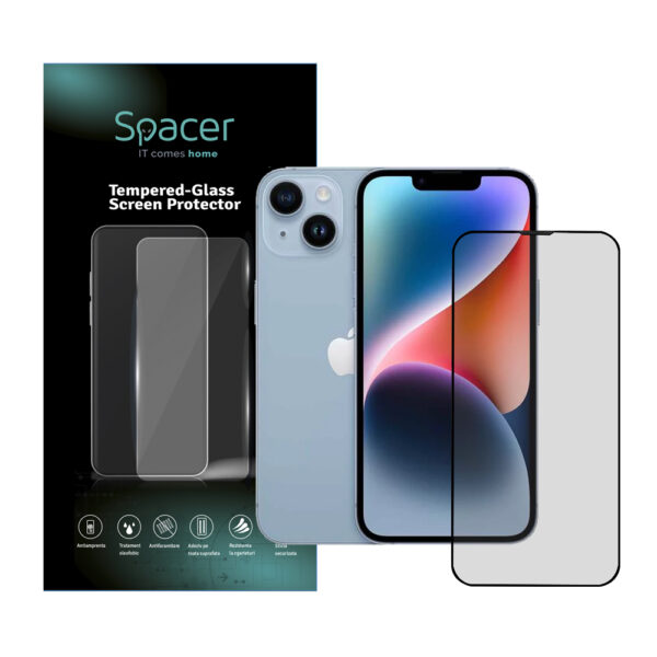 FOLIE STICLA Spacer pentru Iphone 14, grosime 0.3mm, acoperire totala ecran, strat special anti-ulei si anti-amprenta, Tempered Glass, sticla 9D, duritate 9H „SPPG-AP-IP14-TG”