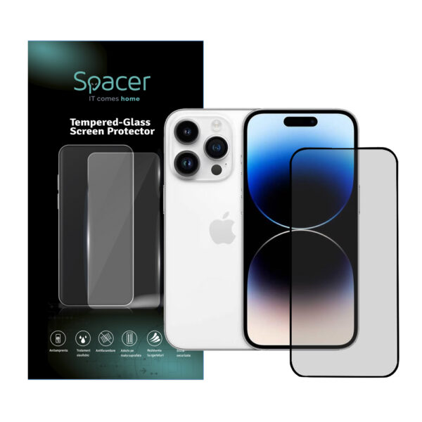 FOLIE STICLA Spacer pentru Iphone 14 Pro, grosime 0.3mm, acoperire totala ecran, strat special anti-ulei si anti-amprenta, Tempered Glass, sticla 9D, duritate 9H „SPPG-AP-IP14P-TG”