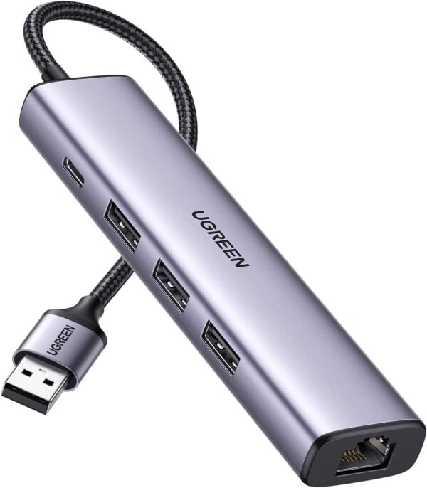 ADAPTOR RETEA Ugreen, „cm475” extern, USB 3.0 (T) la port Gigabit RJ-45, porturi USB: USB 3.0 x 3, USB Type-C x 1, argintiu „60554” (timbru verde 0.18 lei) – 6957303865543