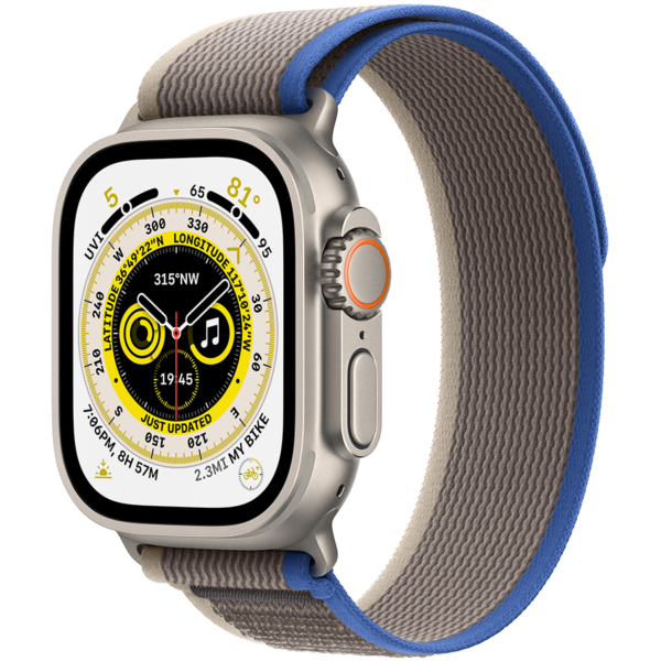 Apple Watch Ultra GPS + Cellular, 49mm Titanium Case with Blue/Gray Trail Loop – M/L,Model A2684, „MQFV3GK/A” (timbru verde 0.18 lei)