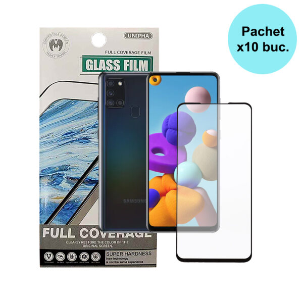 FOLIE STICLA Spacer pentru Samsung Galaxy A21S contine 10 bucati, grosime 0.3mm, acoperire totala ecran, strat special anti-ulei si anti-amprenta, Tempered Glass, sticla 9D, duritate 9H „SPPG-SM-GX-A21S-TG-10”