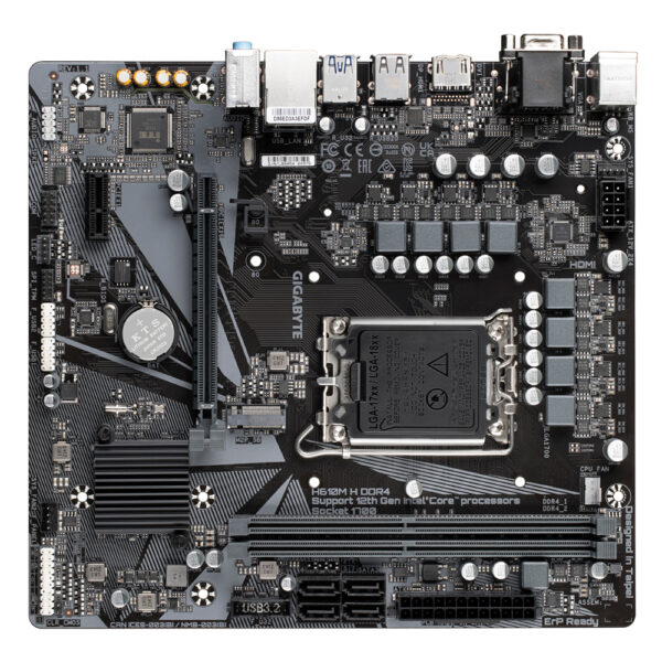 GIGABYTE Mainboard Desktop H610M H DDR4 1.2 (LGA1700, 2x DDR4 up to 64GB, D-Sub, HDMI, 1x PCI-Ex16x16, 1x PCI-Ex1, 4x SATA, 1x M.2, 4x USB 3.2 Gen1, 4x USB 2.0/1.1, GLAN) mATX „H610M H DDR4 1.2”