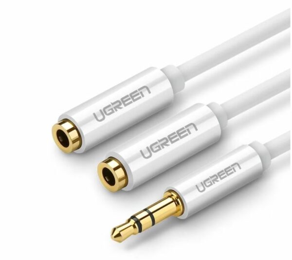 CABLU audio Ugreen, „AV123” stereo 3.5 mm jack (T) la 2 x 3.5 mm jack (M), 0.20 m, conectori auriti, alb „10780” (timbru verde 0.18 lei) – 6957303817801