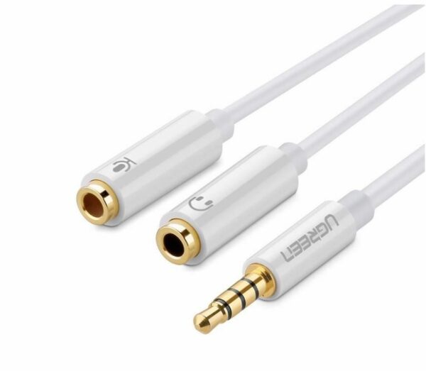 CABLU audio Ugreen, „AV141” stereo 3.5 mm jack (T) la 2 x 3.5 mm jack (M), 0.20 m, conectori auriti, alb „10789” (timbru verde 0.18 lei) – 6957303817894