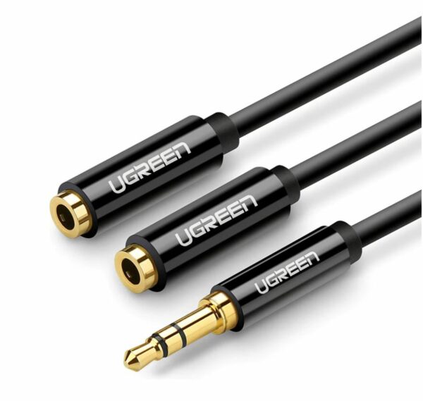 CABLU audio Ugreen, „AV134” stereo 3.5 mm jack (T) la 2 x 3.5 mm jack (M), 0.25 m, conectori auriti, negru „20816” (timbru verde 0.18 lei) – 6957303828166