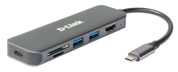 HUB extern D-LINK, porturi 2 x SuperSpeed USB 3.0, 1 x USB-C with data sync & power delivery up to 60W, 1 x HDMI 4k,Dual-Slot SD/microSD/SDHC/SDXC Card Reader, conectare prin USB Type C, cablu 10 cm, metalic, argintiu „DUB-2327”
