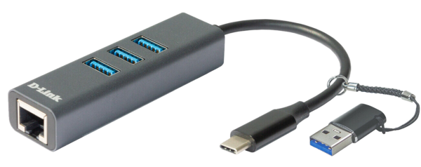 ADAPTOR RETEA D-LINK, extern, USB-C, port RJ-45 Gigabit, 3 x USB SuperSpeed 3.0 port, adaptor USB-A inclus „DUB-2332” (timbru verde 0.18 lei)