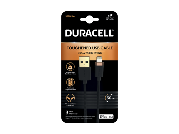 Cablu Duracell USB-A to Lightning C89 0.3m Black „USB8012A”