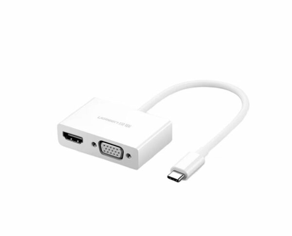 CABLU video Ugreen, „MM123” USB Type-C (T) la HDMI (M) + VGA (M), rezolutie maxima HDMI: 4K si 2K la 30Hz si VGA 1920×1200 la 60Hz, 15cm, ABS, alb „30843” (timbru verde 0.08 lei) – 6957303838431