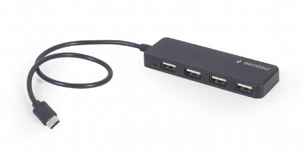 HUB extern GEMBIRD, porturi USB: USB 2.0 x 4, conectare prin USB Type-C, cablu 0.30 m, negru, „UHB-CM-U2P4-01” (timbru verde 0.8 lei) – 8716309124720