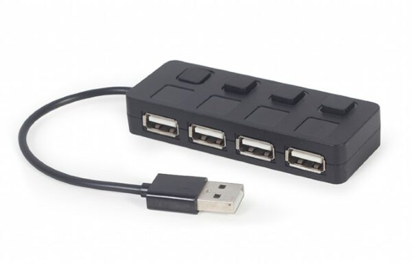 HUB extern GEMBIRD, porturi USB: USB 2.0 x 4, conectare prin USB, cu on/off, cablu 0.15 m, negru, „UHB-CM-U3P4-01” (timbru verde 0.8 lei) – 8716309124669
