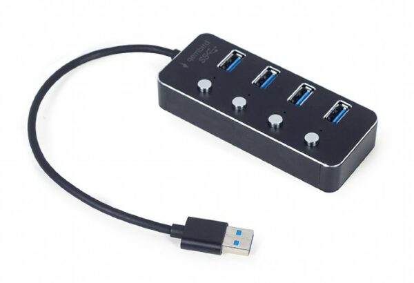 HUB extern GEMBIRD, porturi USB: USB 3.1 x 4, conectare prin USB, cu on/off, cablu 0,24 m, negru, „UHB-U3P4P-01” (timbru verde 0.8 lei) – 8716309124591