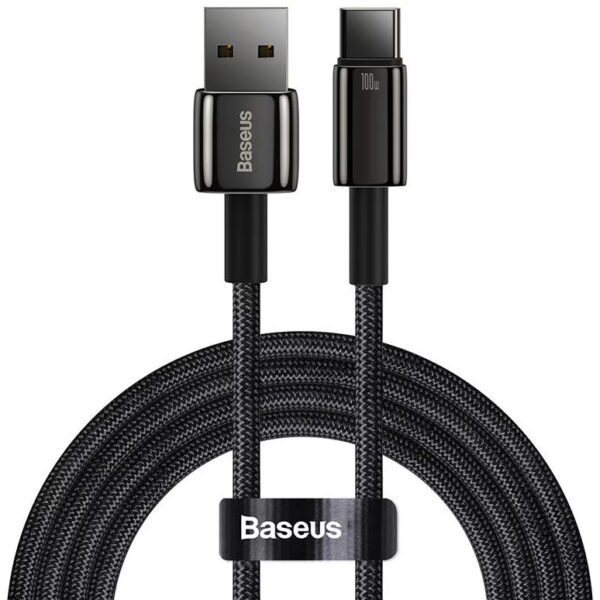 CABLU alimentare si date Baseus, Fast Charging Data Cable pt. smartphone, USB la USB Type-C (T), 100W, 480Mbps, aliaj zinc, braided(nylon), 1m, negru, „CAWJ000001”