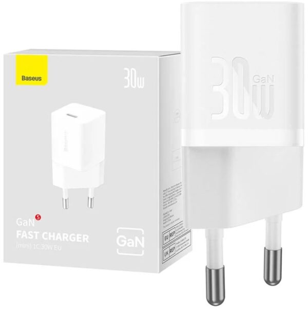 INCARCATOR retea Baseus, GaN5 Fast Charger 30W, 1 x USB Type-C 5V/3A, alb „CCGN070502” (timbru verde 0.18 lei) – 6932172624446