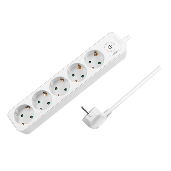 PRELUNGITOR LOGILINK, Schuko x 5, cablu 3G 1.5mm2, 230V/16A, 50 Hz, max. 3600 W, buton intrerupator iluminat, IP20, 1.5m, alb „LPS246”