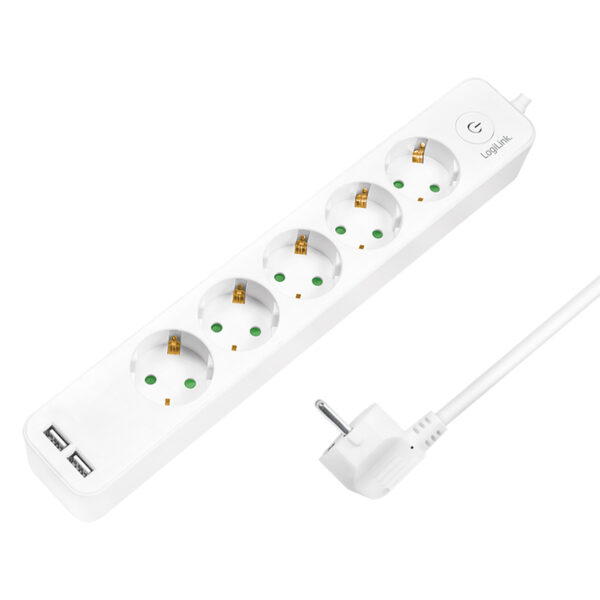 PRELUNGITOR LOGILINK, Schuko x 5, USB x 2 5V/2.1A (10.5 W), cablu 3G 1.5mm2, 230 V/16 A, 50 Hz, max. 3600 W, buton intrerupator iluminat, IP20, 1.5m, alb „LPS249U”