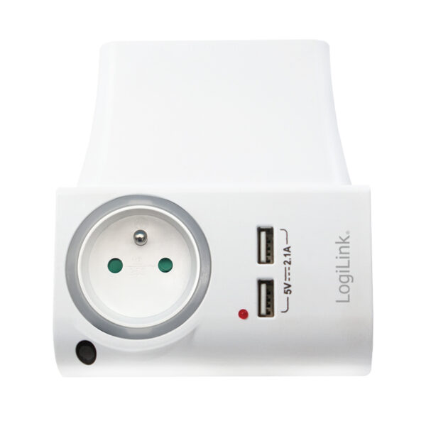 ADAPTOR LOGILINK, Socket tip E x 1, USB x 2 5V/2.1A, 230V, 50 Hz, max. 16A, IP20, suport telefon/tableta, iluminare LED, alb „PA0166”