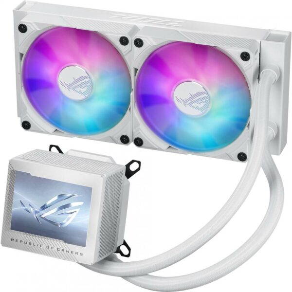 Cooler Asus „ROG RYUJIN III 240 ARGB”, skt universal, racire cu lichid, ventilator 120 mm x 2, 2200 rpm, iluminat ARGB, „ROG RYUJIN III 240 ARGB WHT” (timbru verde 2.00 lei)