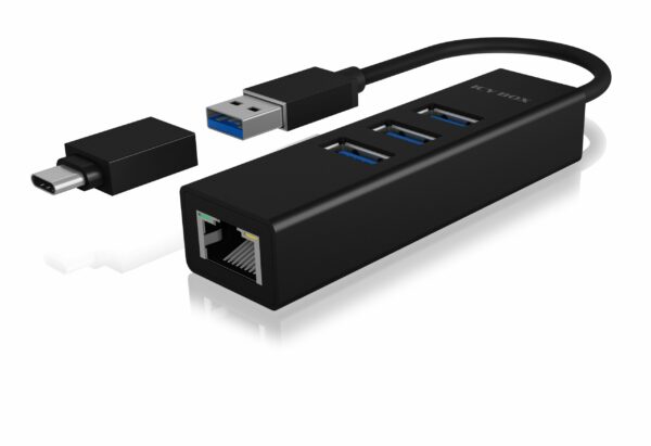 HUB extern Icy Box, porturi USB: USB 3.0 x 3, USB-C x 2, conectare prin USB w. adaptor la USB-C, Gigabit RJ45 x 1, aluminiu, negru, „IB-HUB1419-LAN” (timbru verde 0.8 lei)