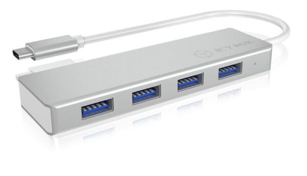 HUB extern Icy Box, porturi USB: USB 3.0 x 4, conectare prin USB Type-C, cablu 0.20m, aluminiu, alb, „IB-HUB1425-C3” (timbru verde 0.8 lei)